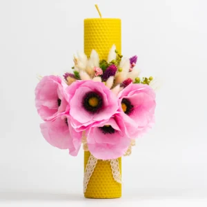 Lumânare cununie / botez din ceară de albine naturală decorată roz